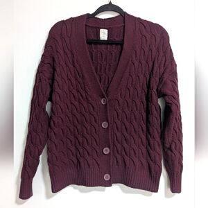 Joie Dark Red Long Sleeve Cable Knit Chunky V Neck Button Front Cardigan Small